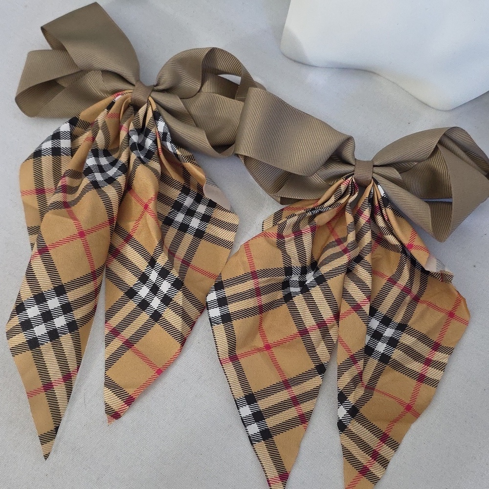 Pair Caramel Tartan Plaid and Tan Hair Bow Alligator Clip